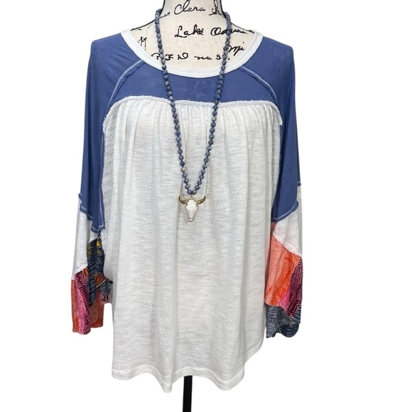 Free People Batwing Oversized Flowy Boho Color Block w/Florals Raw Hem Size L - Picture 4 of 14